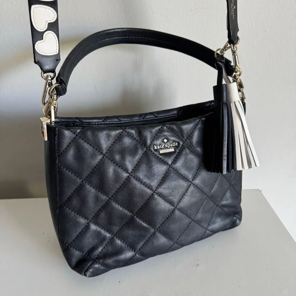 Kate Spade Quilted Leather Crossbody Bag With Embroidery Heart Strap & Tassels